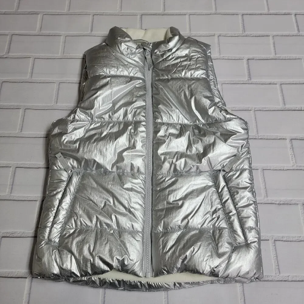 Girls Heavyweight Puffer Vest Silver Metallic Size Large (10)